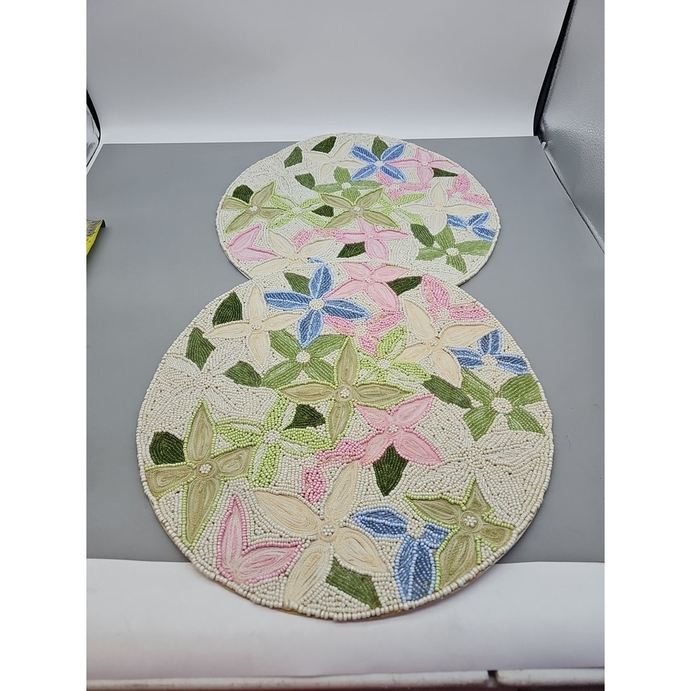 MacKENZIE CHILDS BEADED PLACEMAT Lot Of 2 15" Pastille Posie Floral Pastel